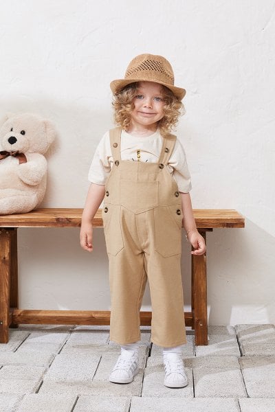 Sütlü Kahve Keten Salopet Çocuk Tulum