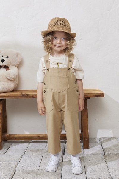 Sütlü Kahve Keten Salopet Çocuk Tulum