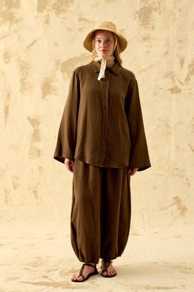Acı Kahve Müslin Oversize Gömlek & Şalvar Pantolon Takım