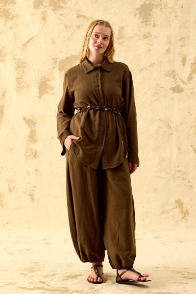 Acı Kahve Müslin Oversize Gömlek & Şalvar Pantolon Takım