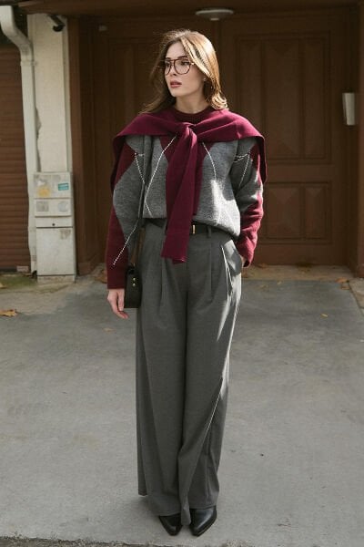 Antrasit Pile Detay Palazzo Pantolon