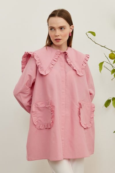 Pembe Cebi Ve Yakası Fırfırlı Gömlek