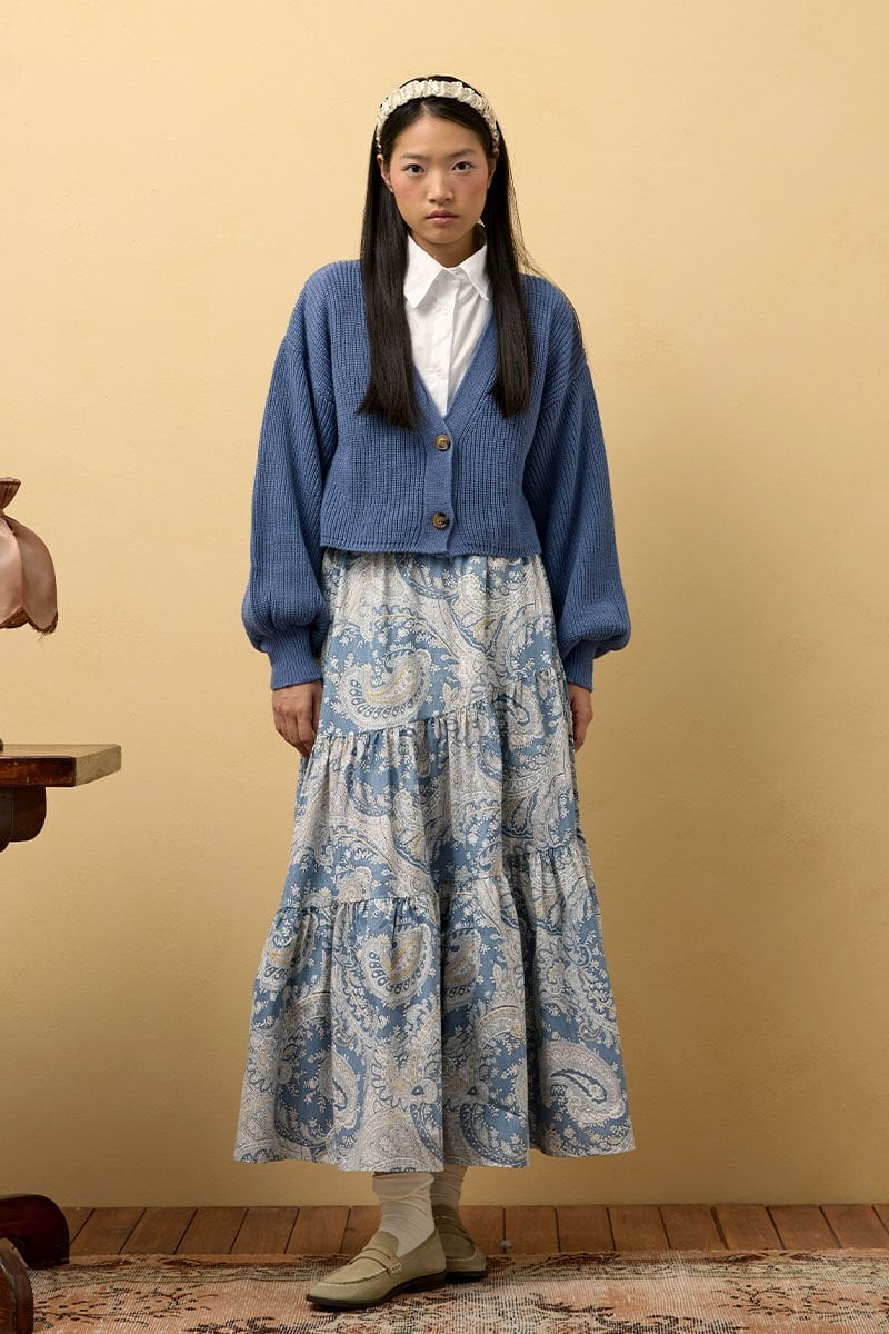 Mavi Etnik Desen Çapraz Kat Etek