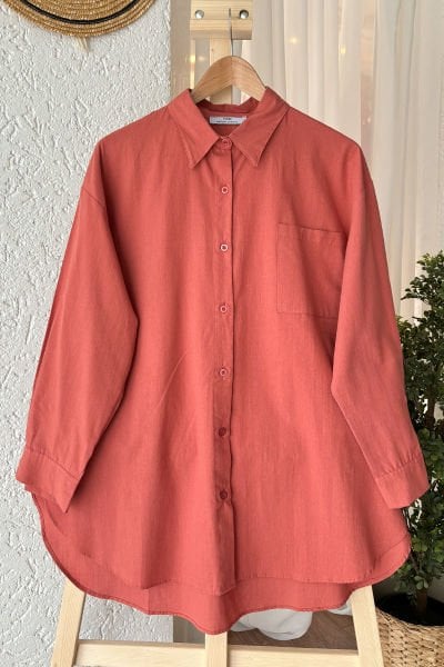 Kiremit Organik Keten Cepli Kısa Gömlek