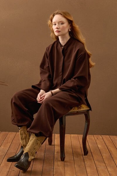 Acı Kahve Krep Şalvar Takım