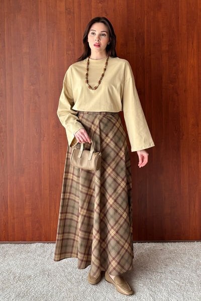 Vizon Ekose Pamuk Saten Kloş Etek