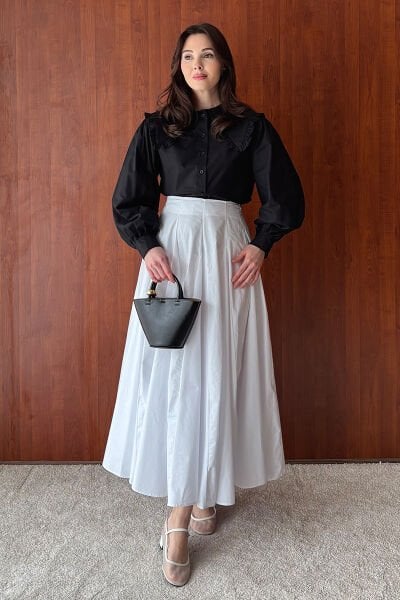 Beyaz Koton Parçalı Etek