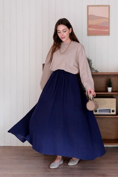 Lacivert Müslin Balon Etek