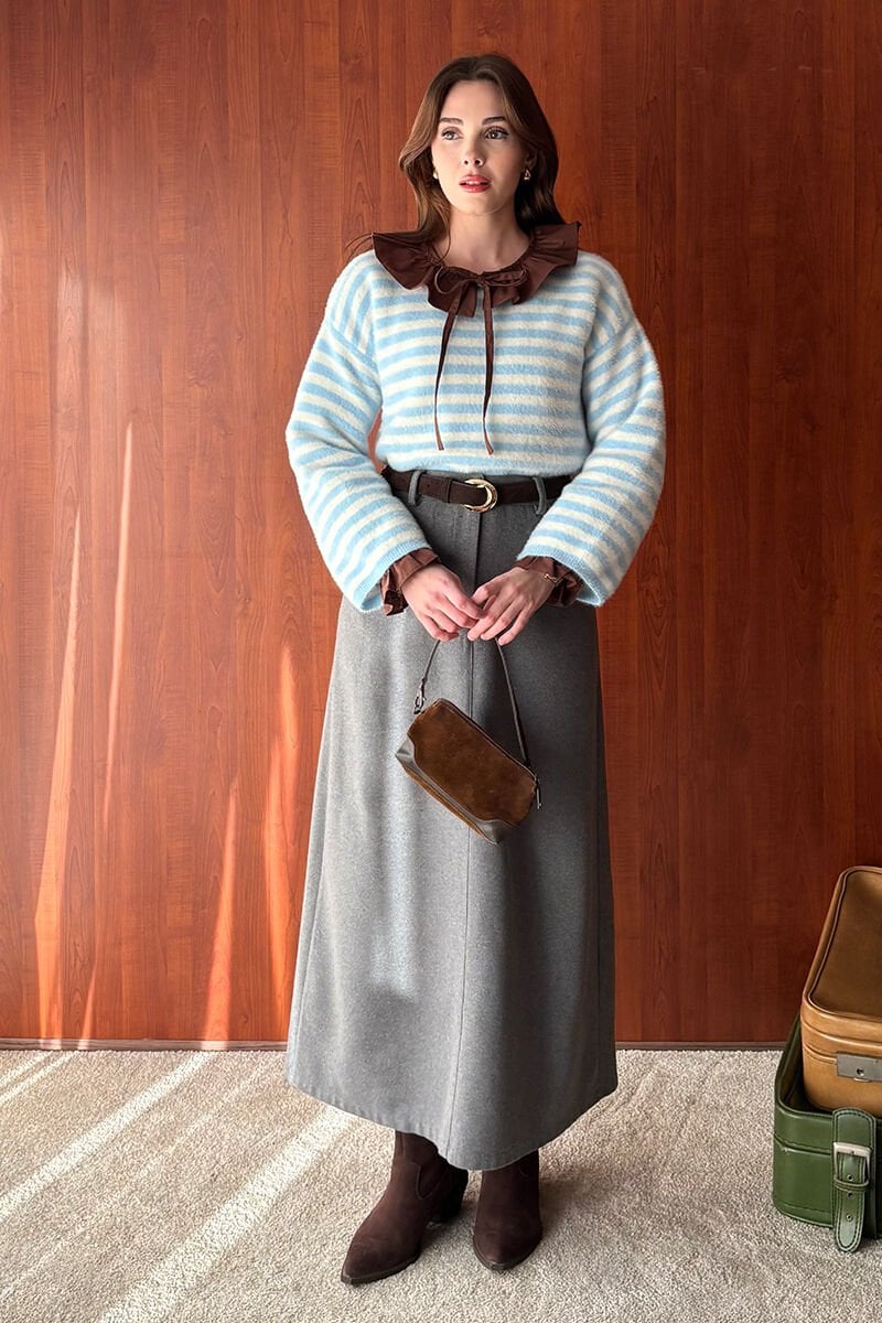 Soft Mavi Çizgili Peluş Kazak & Antrasit Kaşe Kalem Etek Takım