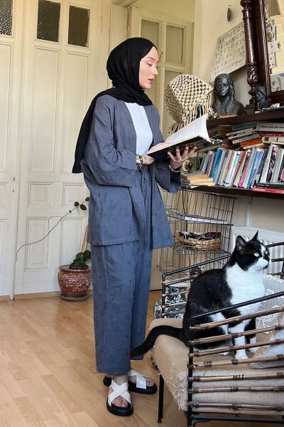 İndigo Fistolu Müslin Kısa Kimono & Pantolon Takım / Melek