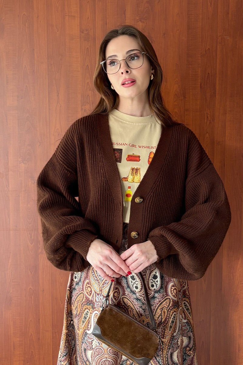 Acı Kahve Balon Kol Triko Hırka