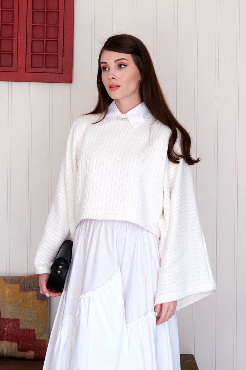 Ekru Yarasa Kol Triko Crop