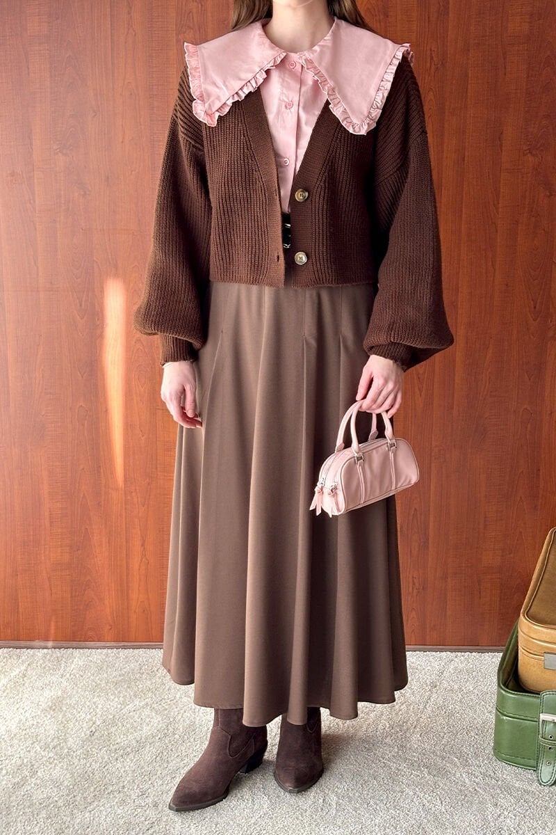 Acı Kahve Balon Kol Triko Hırka & Acı Kahve Poliviskon Kolej Etek Takım