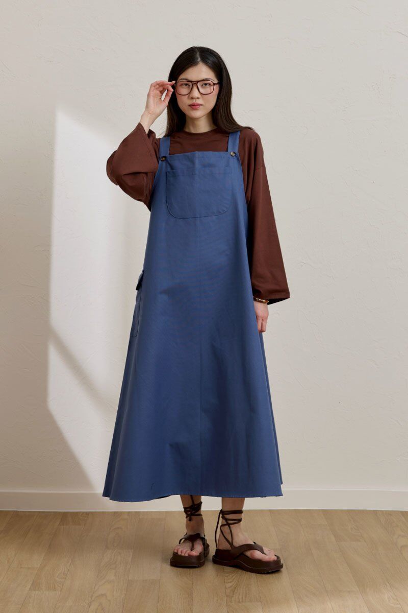 İndigo Keten Etekli Salopet & Acı Kahve Body Takım