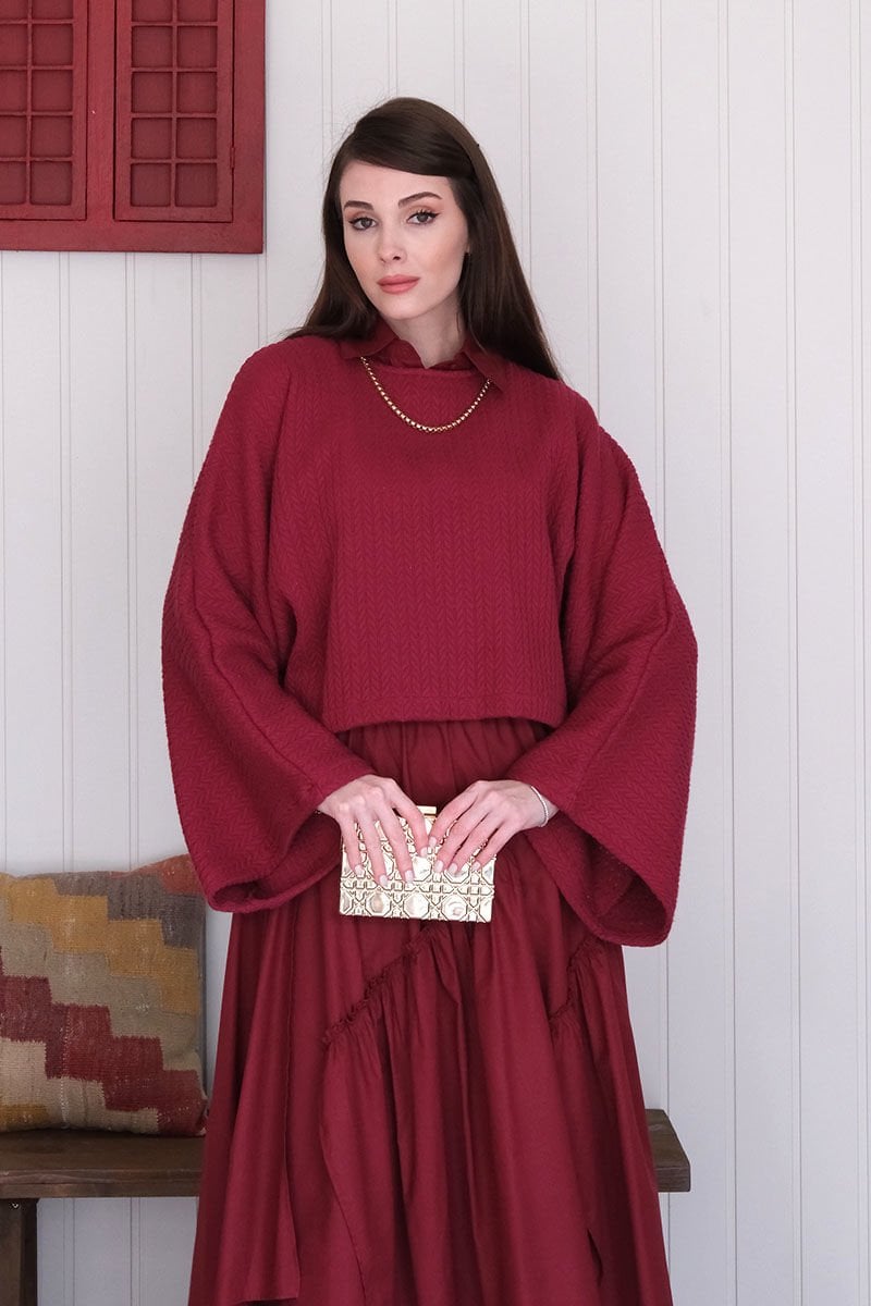 Bordo Yarasa Kol Triko Crop