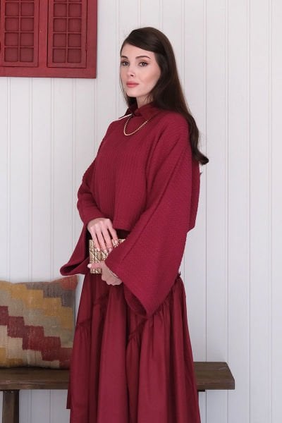 Bordo Yarasa Kol Triko Crop