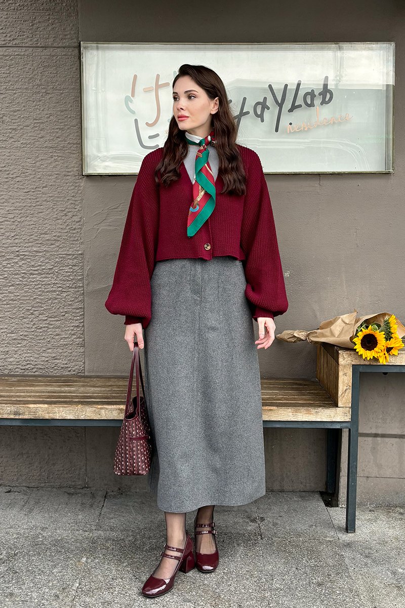 Bordo Balon Kol Triko Hırka & Antrasit Kaşe Kalem Etek