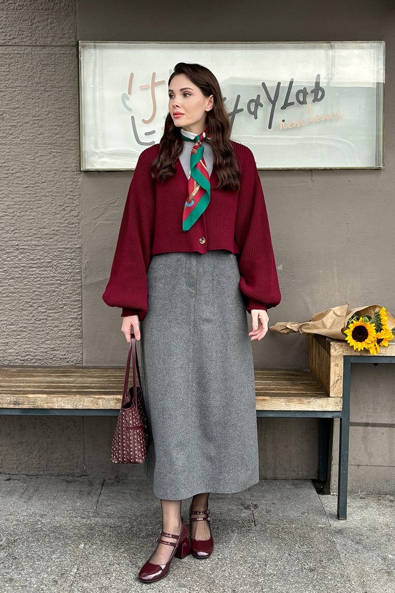 Bordo Balon Kol Triko Hırka & Antrasit Kaşe Kalem Etek