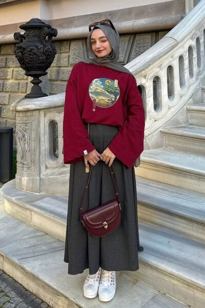 Bordo Baskılı 3 İp Body & Antrasit Poliviskon Kolej Etek Takım