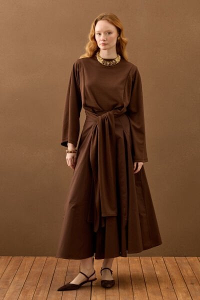 Acı Kahve Koton Parçalı Etek