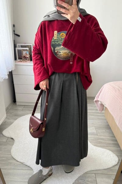 Bordo Baskılı 3 İp Body & Antrasit Poliviskon Kolej Etek Takım