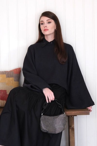 Siyah Yarasa Kol Triko Crop