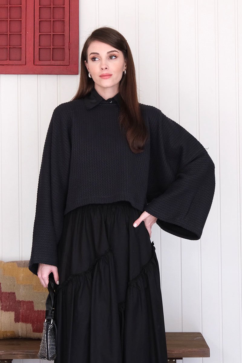 Siyah Yarasa Kol Triko Crop