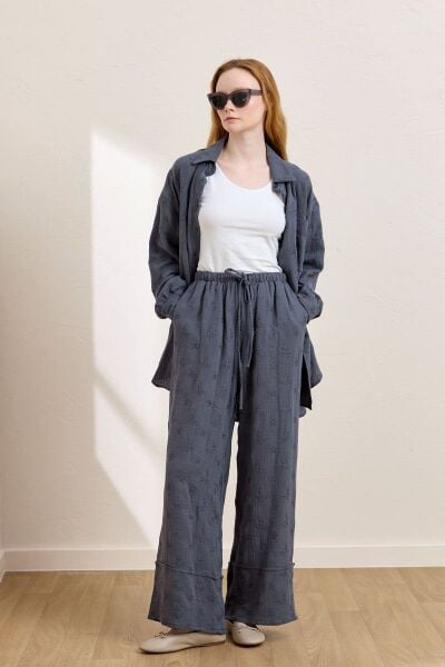 İndigo Fistolu Müslin Double Paça Pantolon