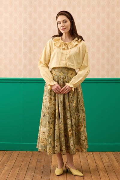 Haki Gül Desenli Parçalı Etek