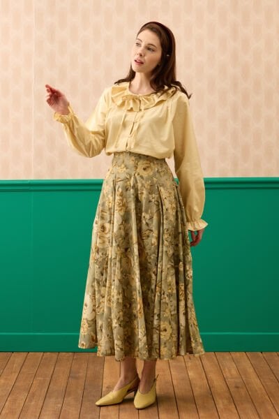 Haki Gül Desenli Parçalı Etek