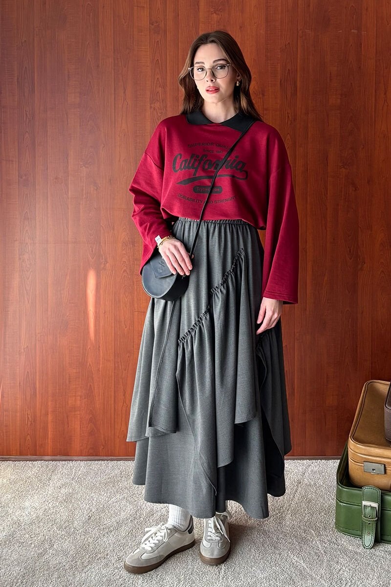 Bordo California Baskılı 3 İp Body & Antrasit Poliviskon Bohem Kat Etek Takım