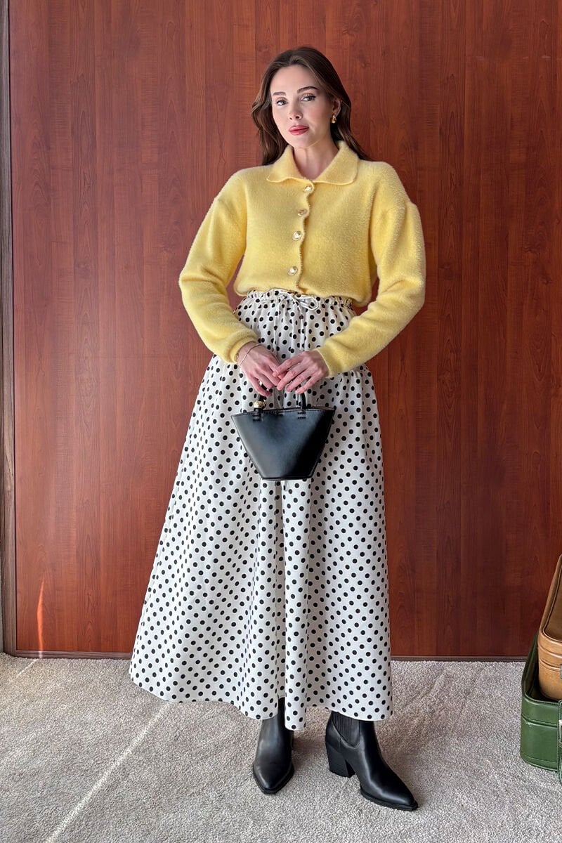 Beyaz Siyah Puantiyeli Fırfır Detay Keten Etek