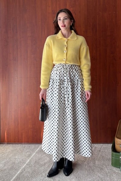 Beyaz Siyah Puantiyeli Fırfır Detay Keten Etek