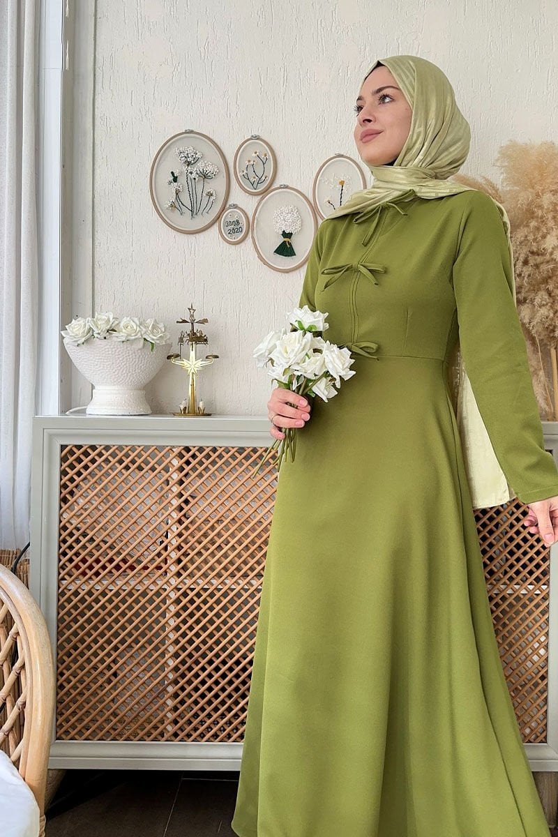 Yağ Yeşili Fiyonk Detay Krep Elbise / BÜŞRA