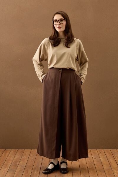 Bej Süprem Basic Düz Kol Body & Acı Kahve Poliviskon Etekli Pantolon