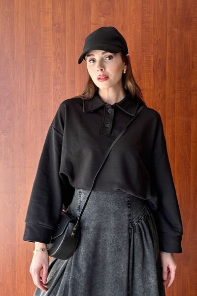 Siyah Polo Yaka Crop