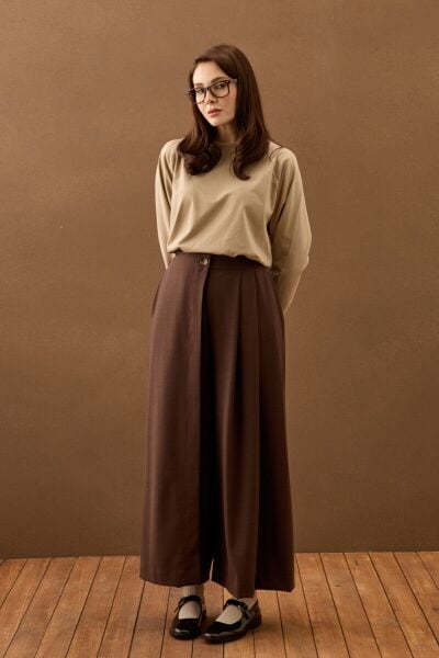 Bej Süprem Basic Düz Kol Body & Acı Kahve Poliviskon Etekli Pantolon