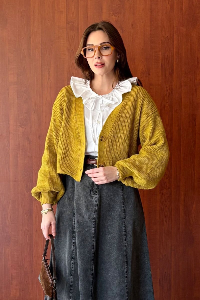 Yağ Yeşili Balon Kol Triko Hırka