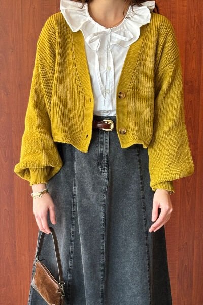 Yağ Yeşili Balon Kol Triko Hırka