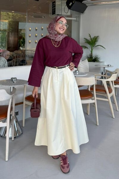 Bordo Body & Tereyağ Sarısı Tek Düğmeli Keten Etek