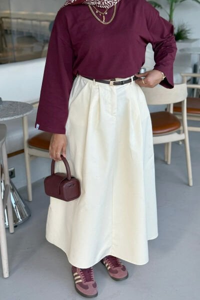 Tereyağ Sarısı Tek Düğmeli Keten Etek