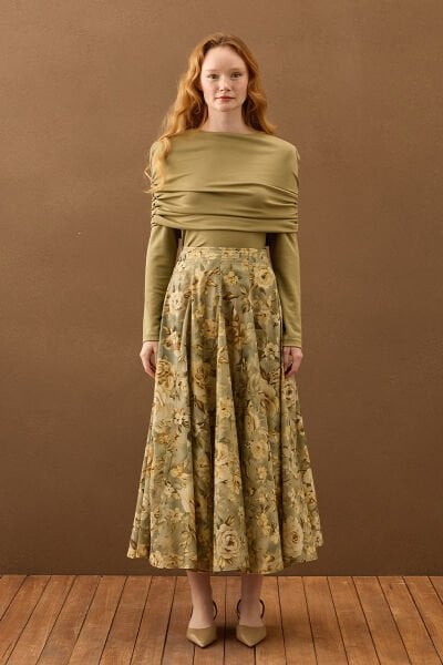 Haki Gül Desenli Parçalı Etek