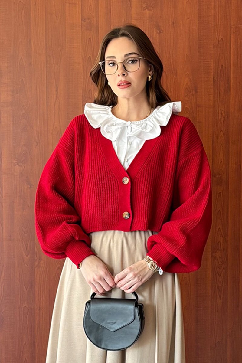 Kırmızı Balon Kol Triko Hırka