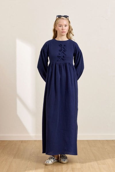 Lacivert Müslin Fiyonklu Belroba Elbise