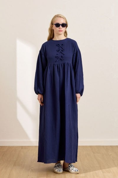 Lacivert Müslin Fiyonklu Belroba Elbise