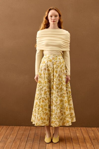 Sarı Çiçek Desenli Parçalı Etek
