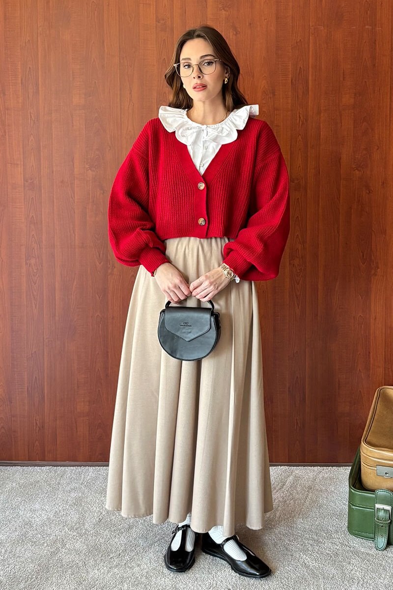 Kırmızı Balon Kol Triko Hırka & Vizon Poliviskon Kolej Etek Takım