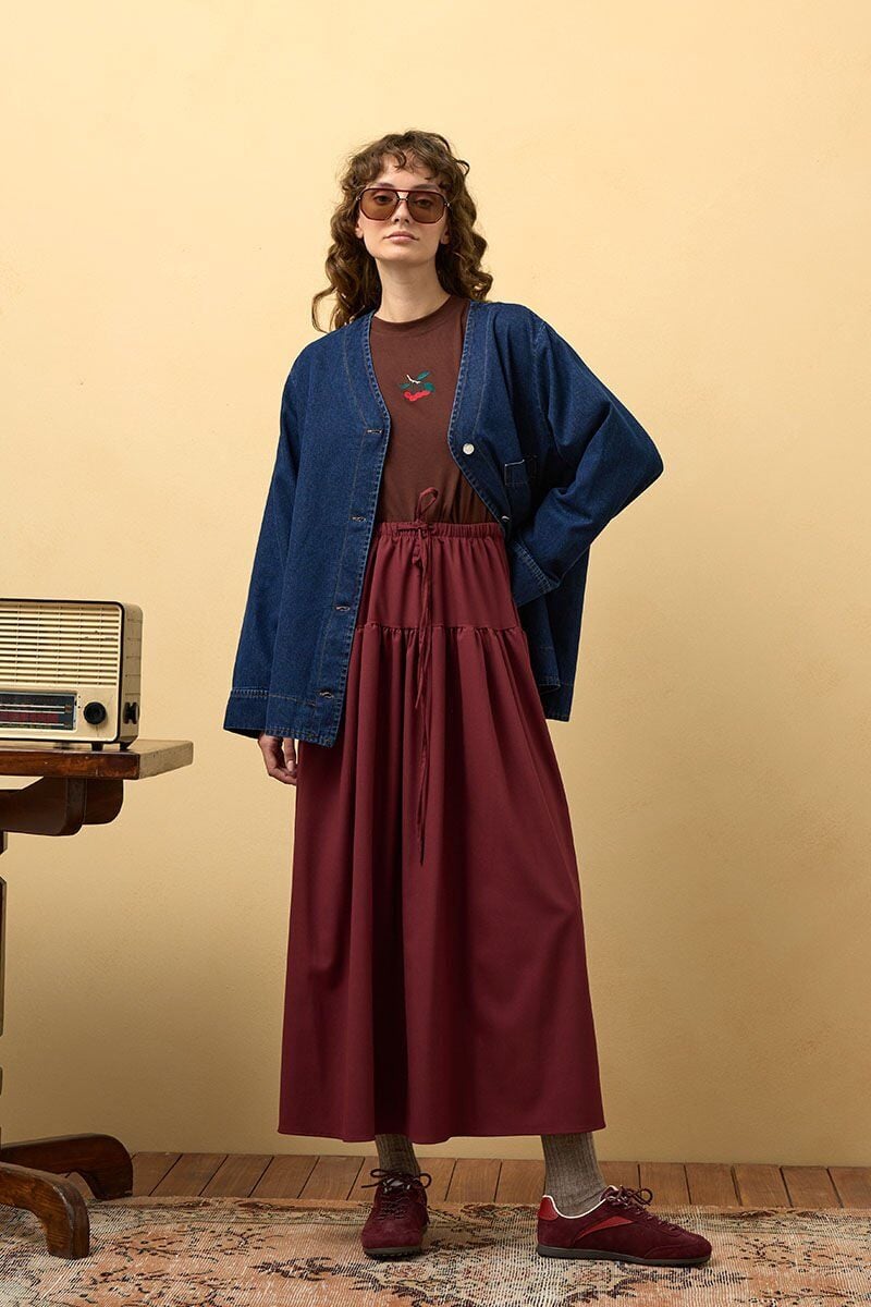 Bordo Fırfır Detay Poliviskon Etek