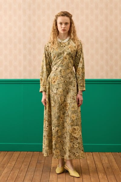 Haki Gül Desenli Pile Detay Elbise