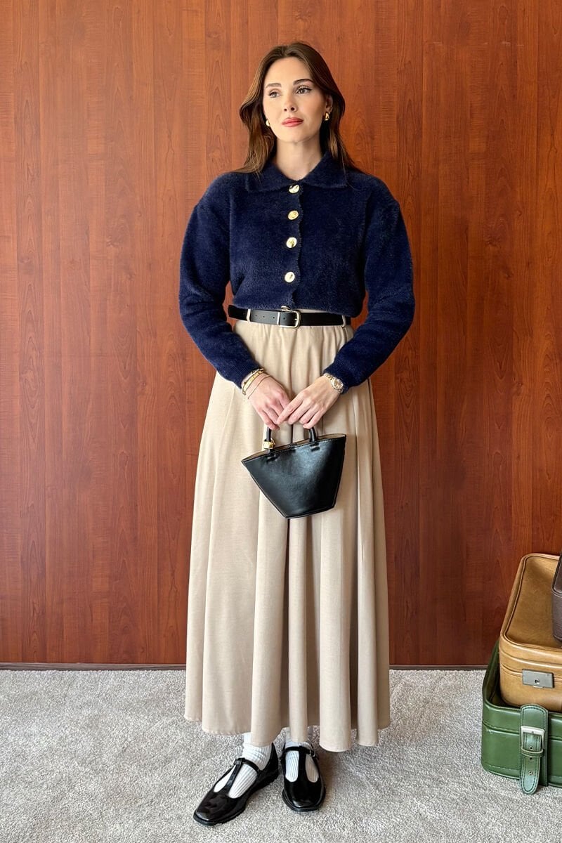 Lacivert Polo Yaka Peluş Hırka & Vizon Poliviskon Kolej Etek Takım